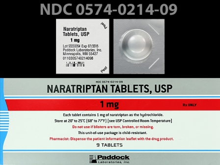 PAD 214: (0574-0214) Naratriptan (As Naratriptan Hydrochloride) 1 mg Oral Tablet by Paddock Laboratories, Inc.