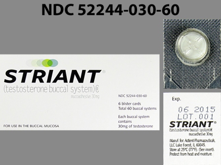 A: (52244-030) Striant 30 mg Buccal Film by Actient Pharmaceuticals, LLC.