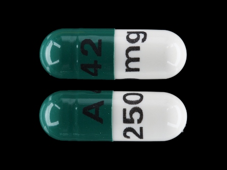 A 42 250 mg: (65862-018) Cephalexin 250 mg Oral Capsule by Blenheim Pharmacal, Inc.
